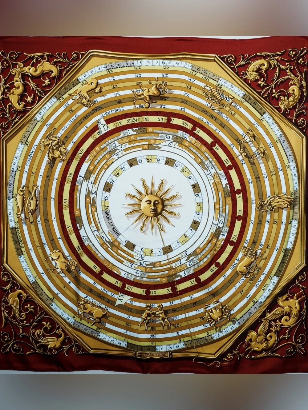 Hermès Dies et Hore Silk Scarf Burgundy and Gold 90cm